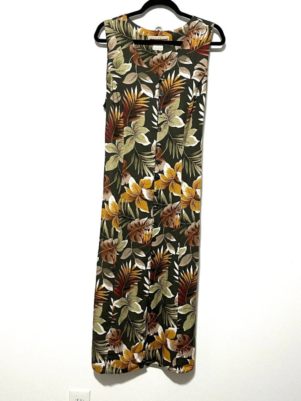 Womens Full Button Front Rayon Maxi Dress 1X Tie Back Botanical Tropical Resort